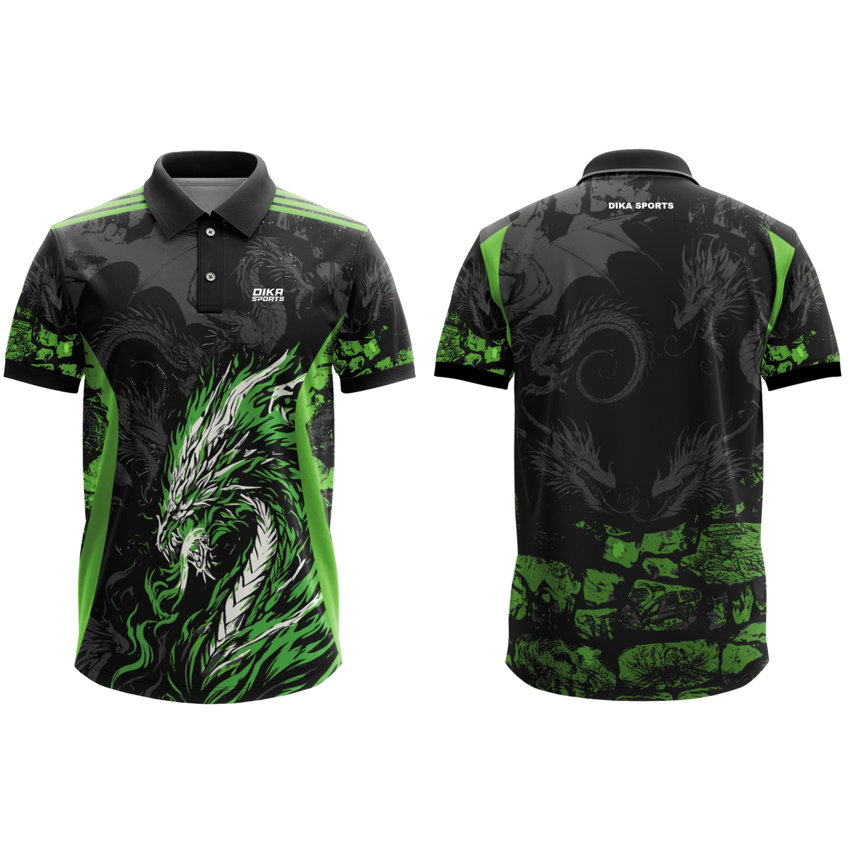 DIKA SPORTS Ready to Wear Printed Collar Cricket Jersey for Men – Stylish Green Dragon Short Sleeve Cricket Sportswear