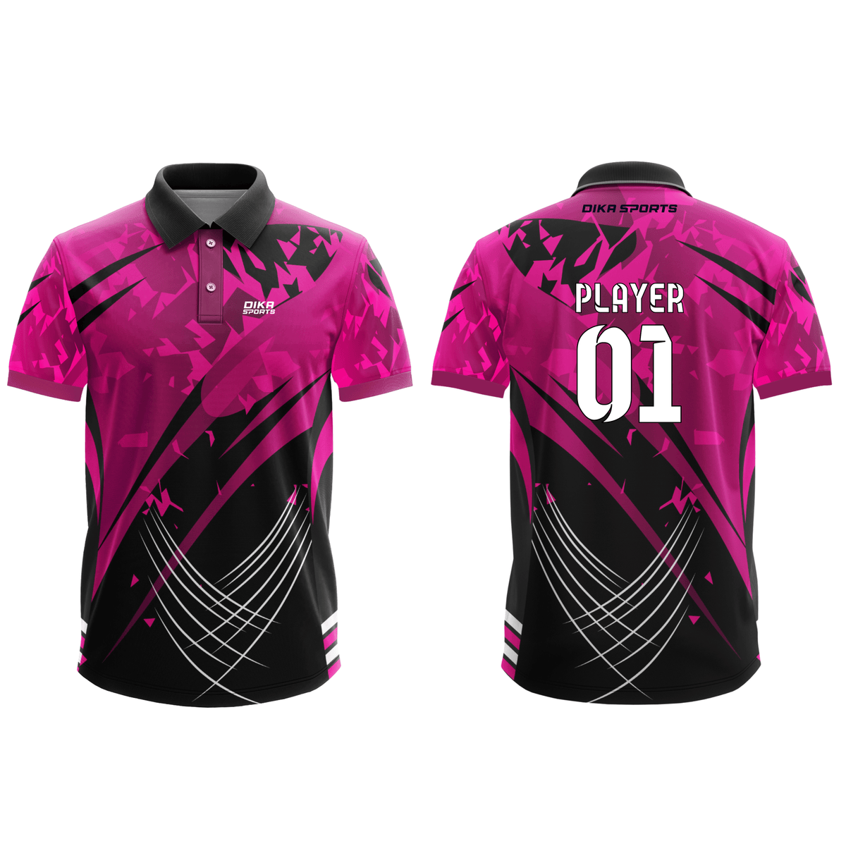 DIKA SPORTS Custom  Collar Neck Pink & Black Printed Cricket Jersey for Men with Personalized Name, Number and Team Logo