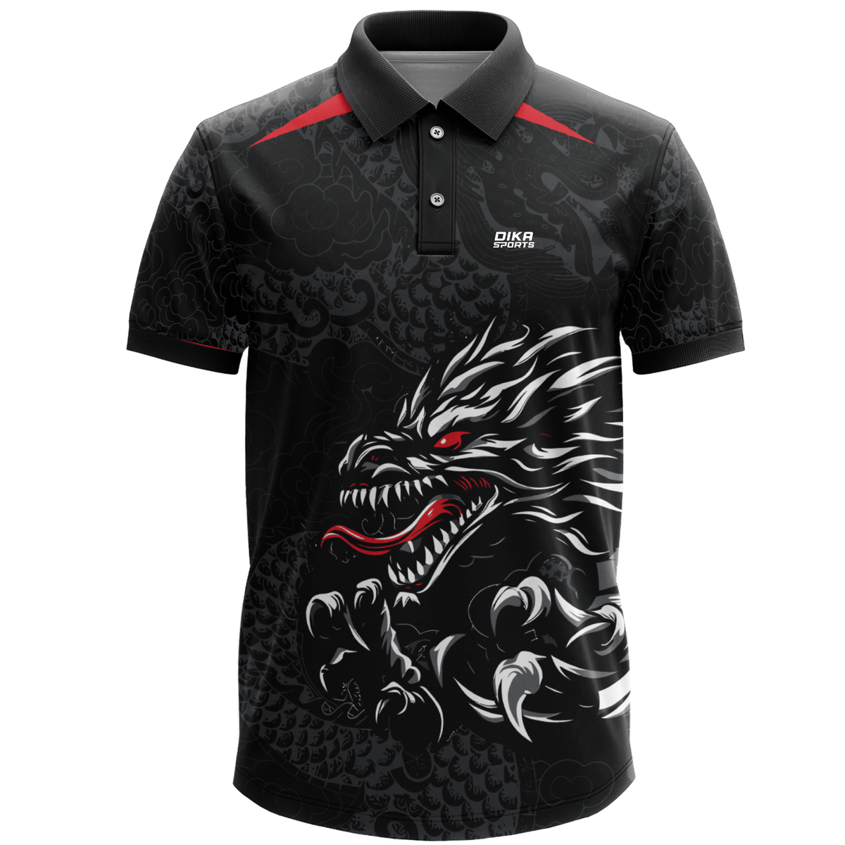 DIKA SPORTS Ready to Wear Cricket Jersey – Dragon Printed Polo Neck Sports T-Shirt for Men