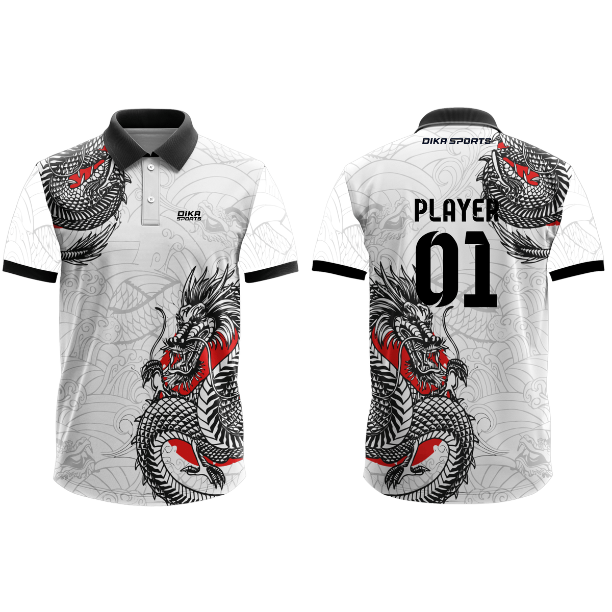 Dika Sports Personalized Cricket Club Polo Jersey for Men with Custom Logo and Name White Printed Jersey