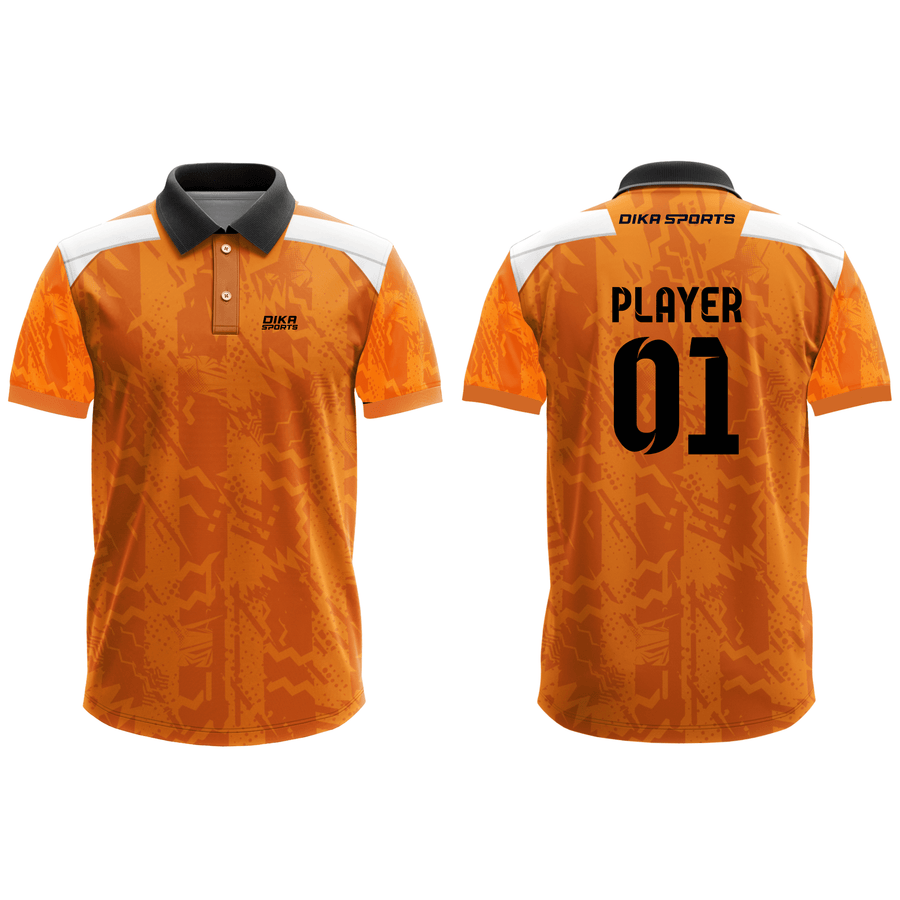 DIKA SPORTS Custom Cricket Jersey – Polo Collar Printed Orange Sports Wear for Daily Matches