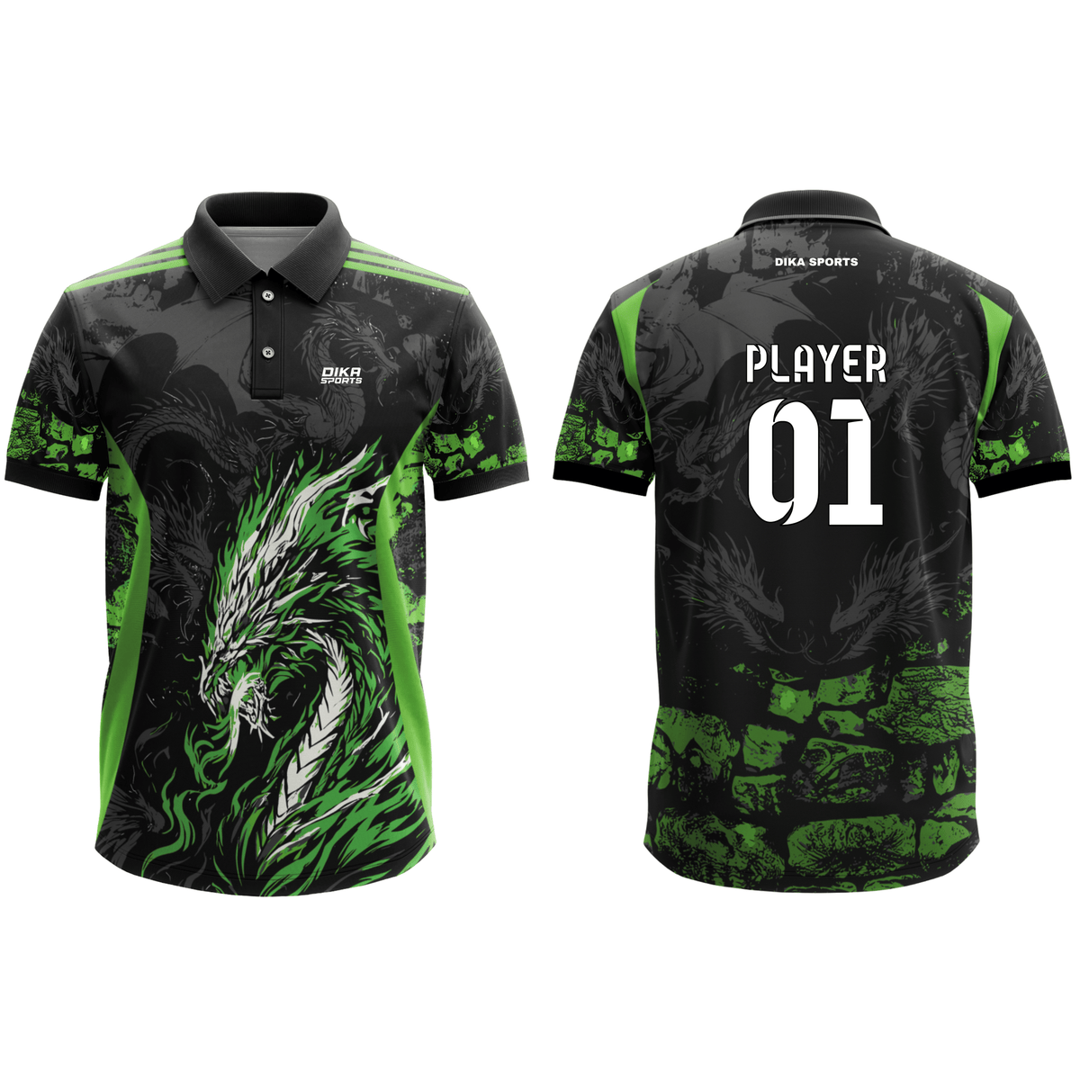 DIKA SPORTS Personalized Green & Black Collar Neck Cricket Jersey with Custom Name, Logo & Team Colours for Match Day