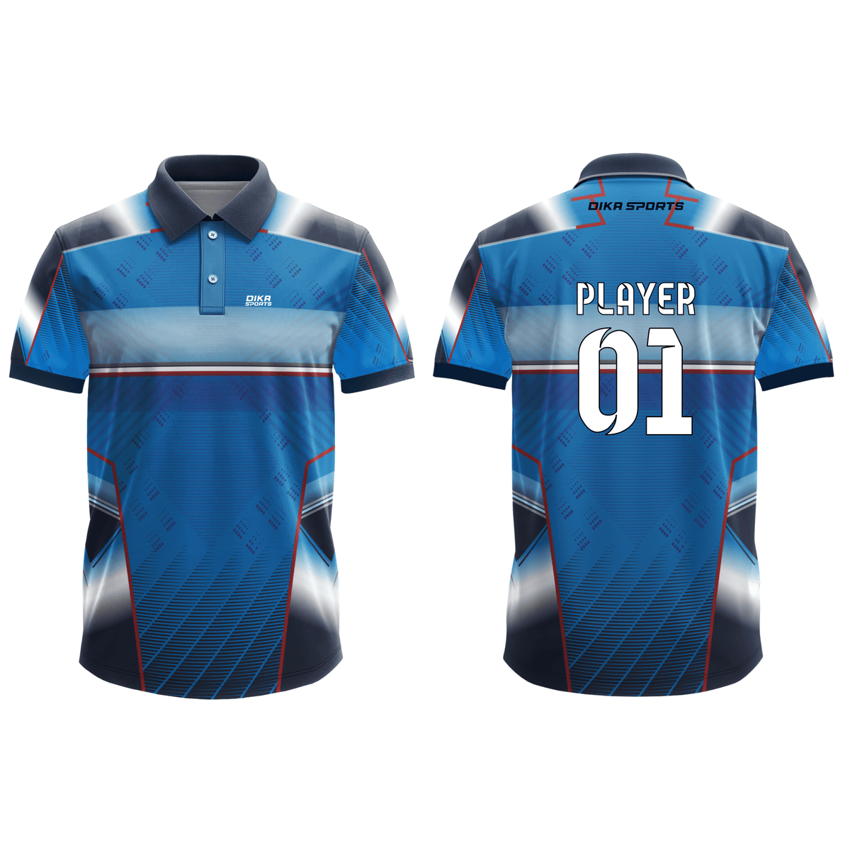 Premium Dika Sports Custom Polo Mix Vibrant Blue Colour Cricket Jersey for Men with Team Player Name and Number Customization