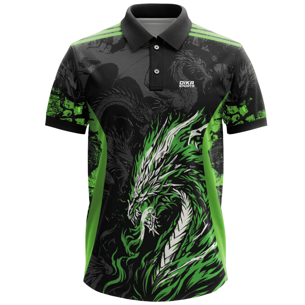 DIKA SPORTS Ready to Wear Printed Collar Cricket Jersey for Men – Stylish Green Dragon Short Sleeve Cricket Sportswear