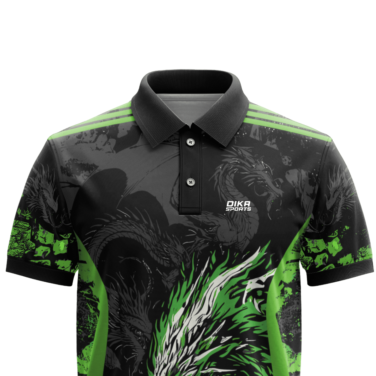 DIKA SPORTS Ready to Wear Printed Collar Cricket Jersey for Men – Stylish Green Dragon Short Sleeve Cricket Sportswear
